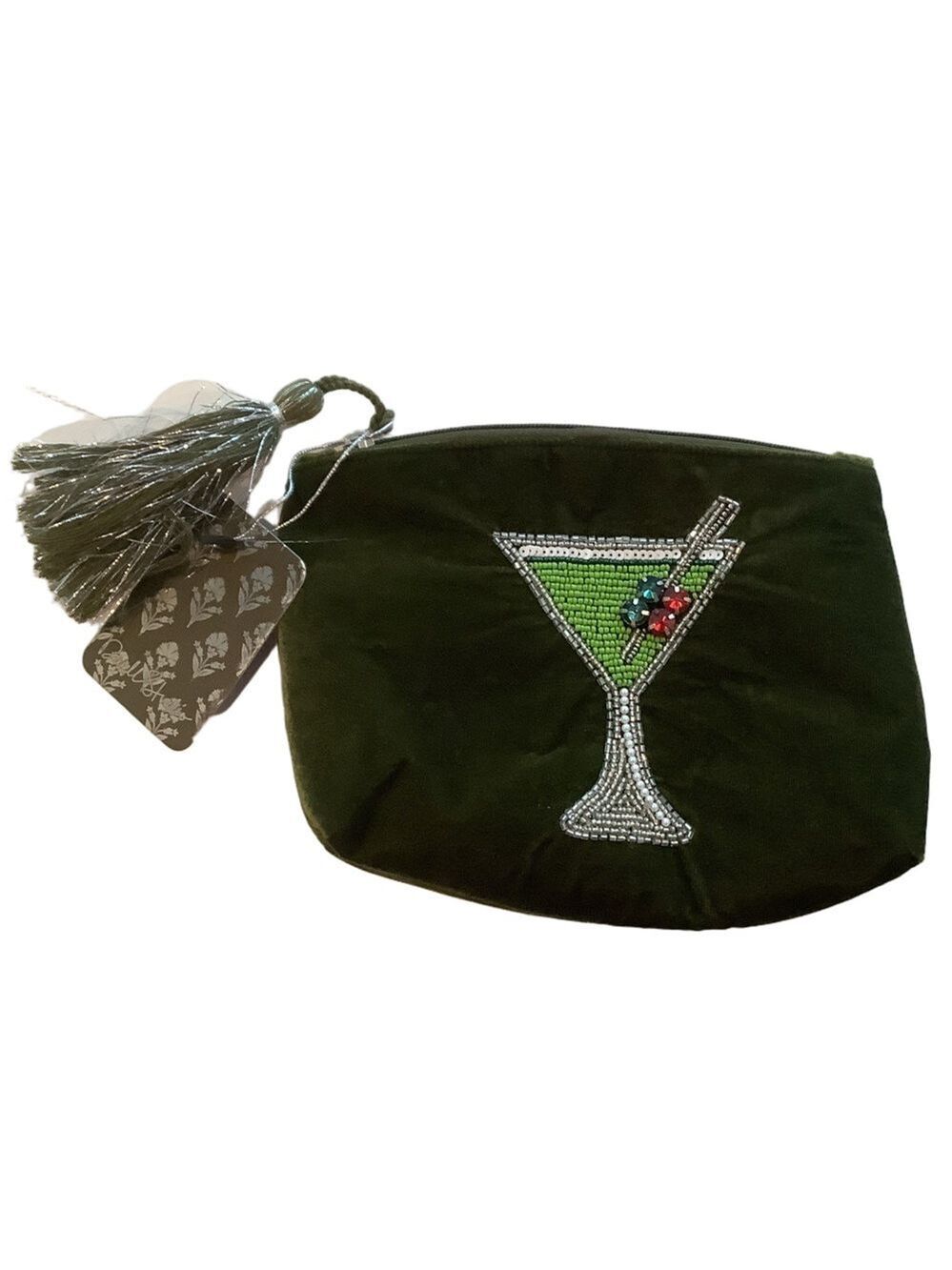 Martini Glass Green Velvet Beaded Cosmetic Pouch Bag New